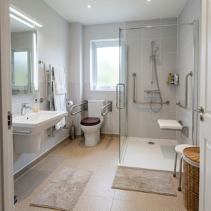 Bathroom with wall-mounted sink, toilet with grab bars, and walk-in shower with grab bars and fold-down seat