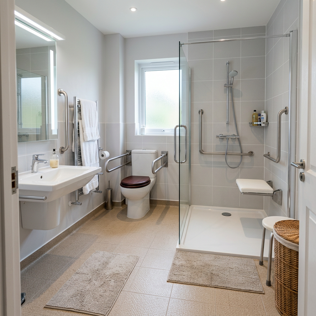 Bathroom with wall-mounted sink, toilet with grab bars, and walk-in shower with grab bars and fold-down seat