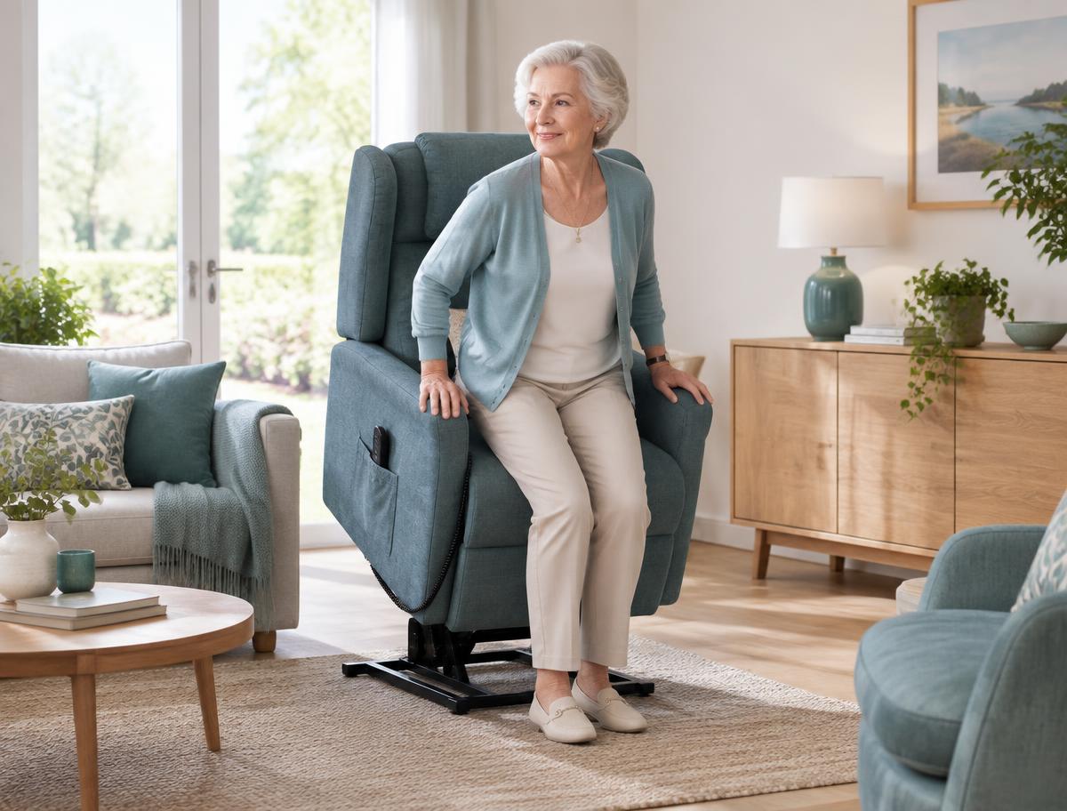 Fauteuil releveur électrique facilitant le lever d'une personne âgée à domicile